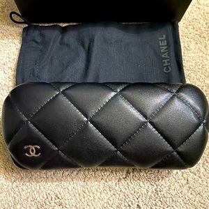 CHANEL black leather quilted hard Sunglass case